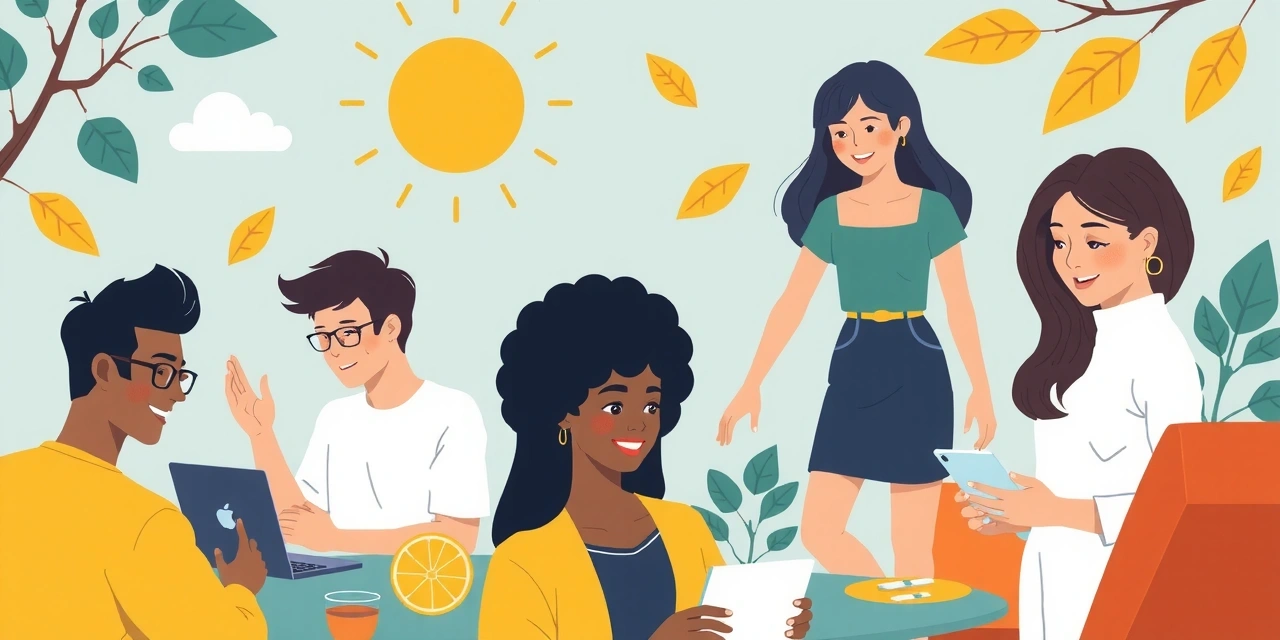 Ilustración de personas conectándose a través de la tecnología y la naturaleza