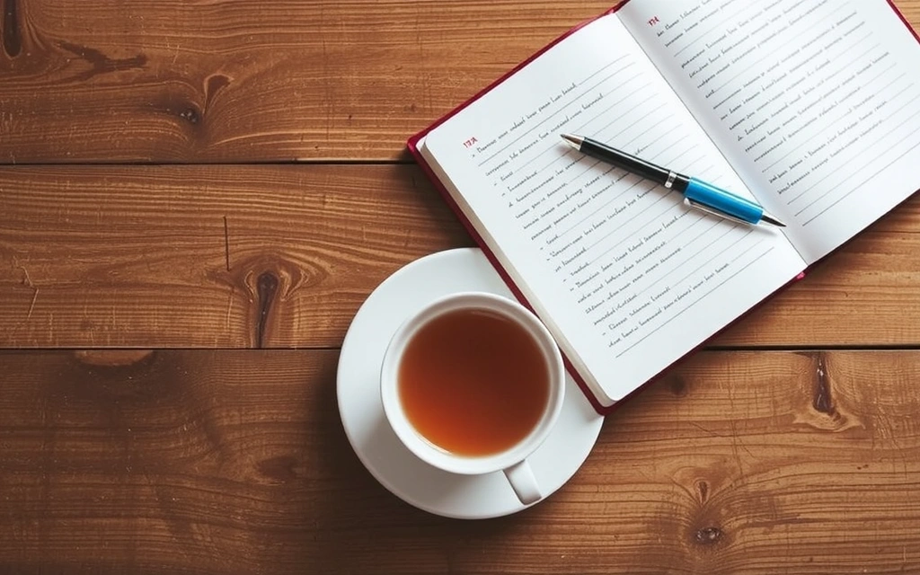 Cuaderno abierto con un bolígrafo y una taza de té sobre un escritorio de madera, simbolizando aprendizaje y lectura