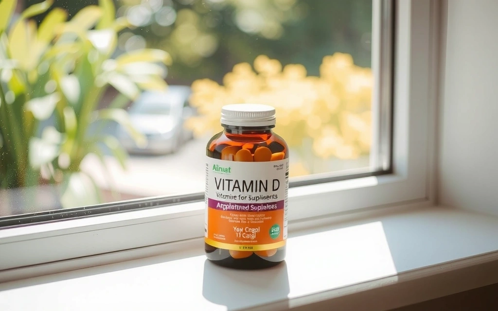 Frasco de suplementos de vitamina D junto a la luz solar que entra por una ventana, simbolizando la absorción natural