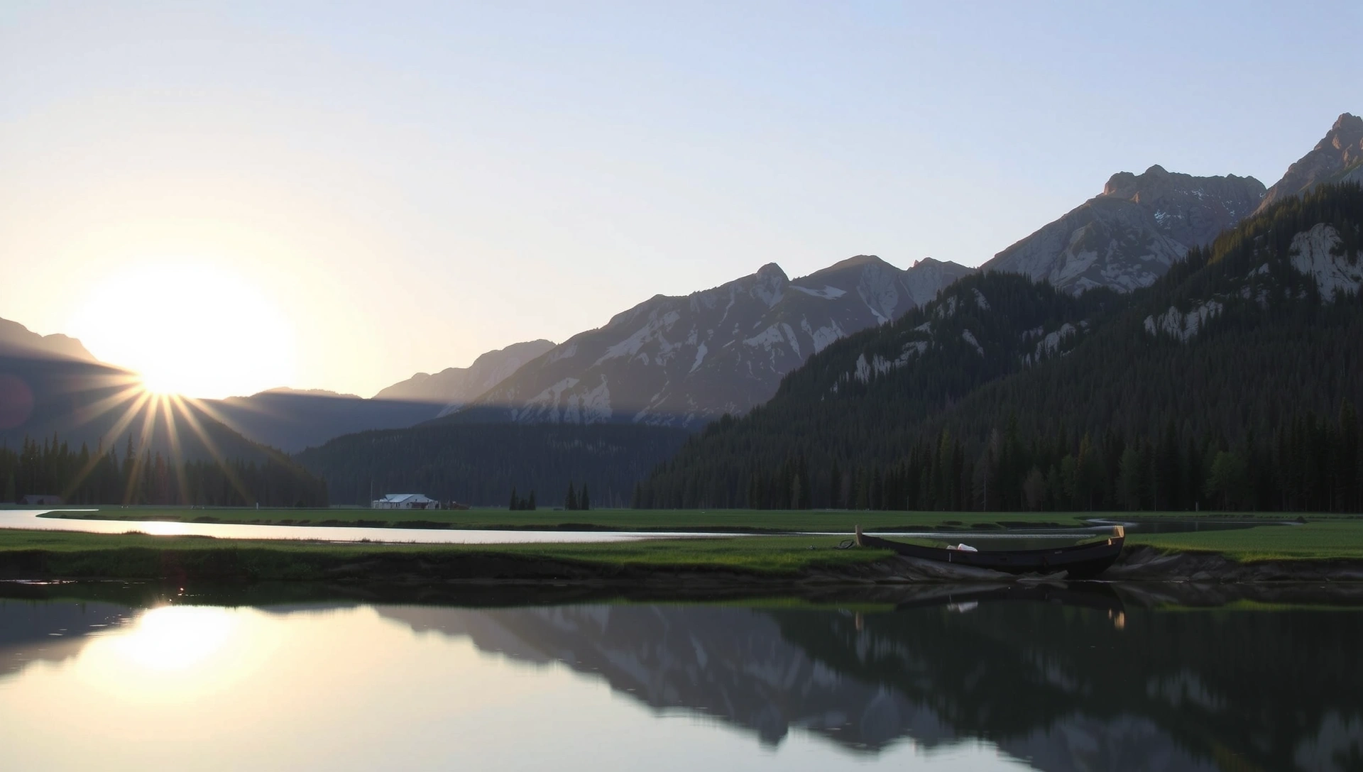 Paisaje natural sereno con amanecer sobre montañas y un río, simbolizando salud y tranquilidad