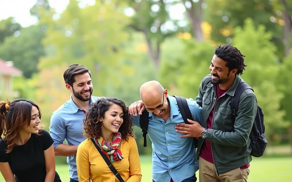 Un grupo diverso de personas sonriendo y riendo al aire libre, simbolizando comunidad, confianza y salud compartida