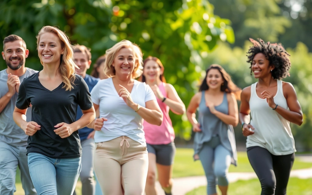 Grupo de personas sonriendo y realizando actividades saludables al aire libre, como caminar o hacer yoga, mostrando alegría y vitalidad.