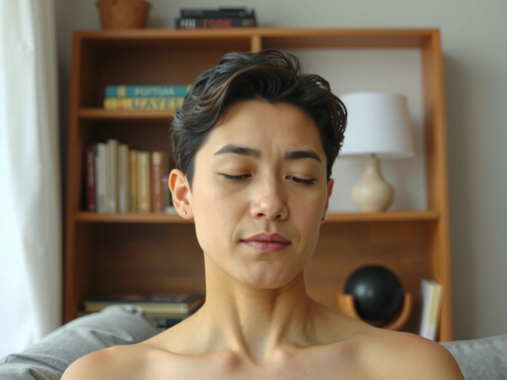 Persona en un estado de calma y relajación, quizás meditando o practicando técnicas de respiración, en un ambiente tranquilo y sereno.