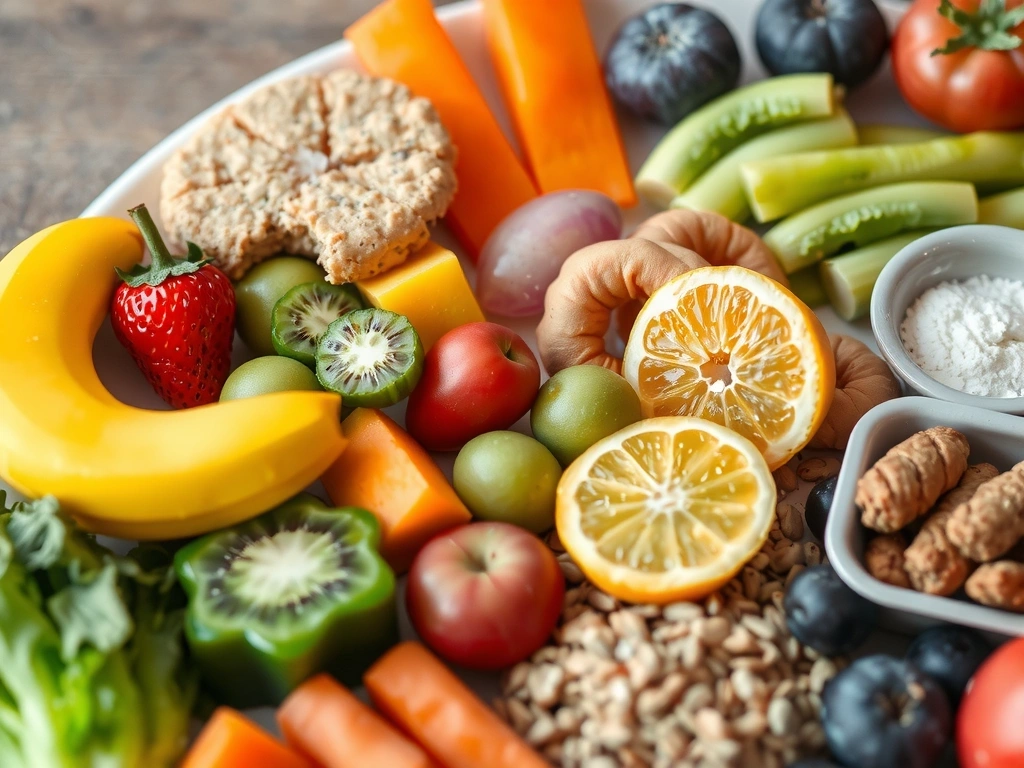 Plato colorido con una variedad de alimentos saludables como verduras frescas, frutas, granos enteros y proteínas magras, dispuesto de forma atractiva.