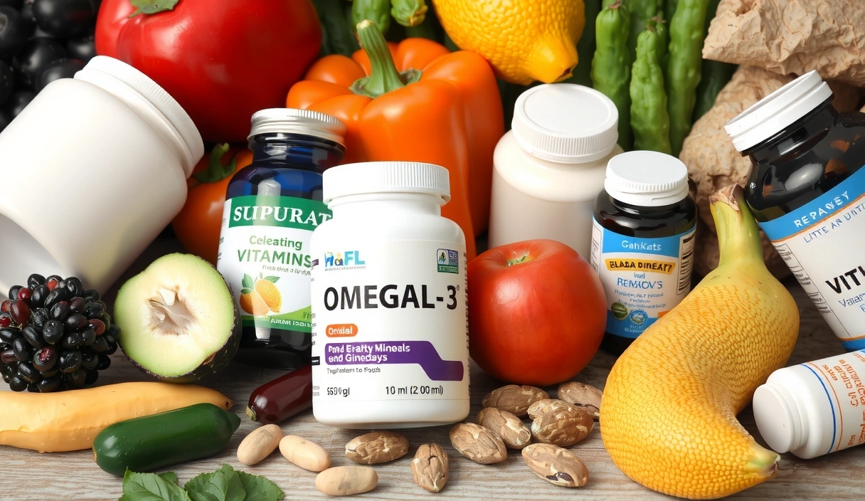 Variedad de suplementos alimenticios y alimentos saludables