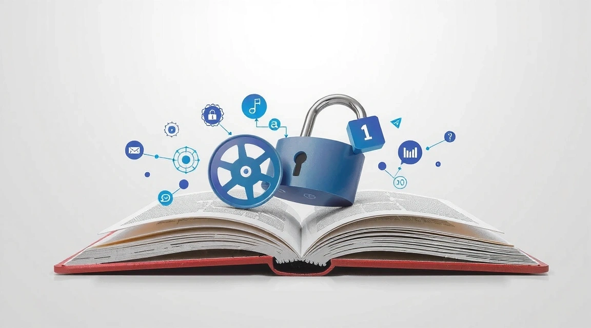 Libro abierto con símbolos de propiedad intelectual y un candado