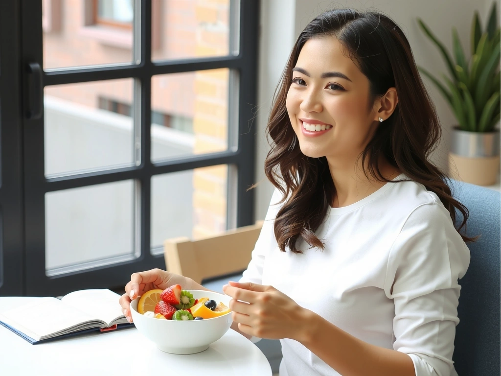 Mujer sonriendo mientras come un tazón de frutas y yogur