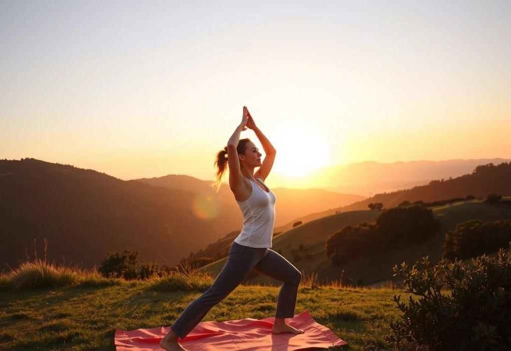 Persona haciendo yoga al amanecer, simbolizando bienestar